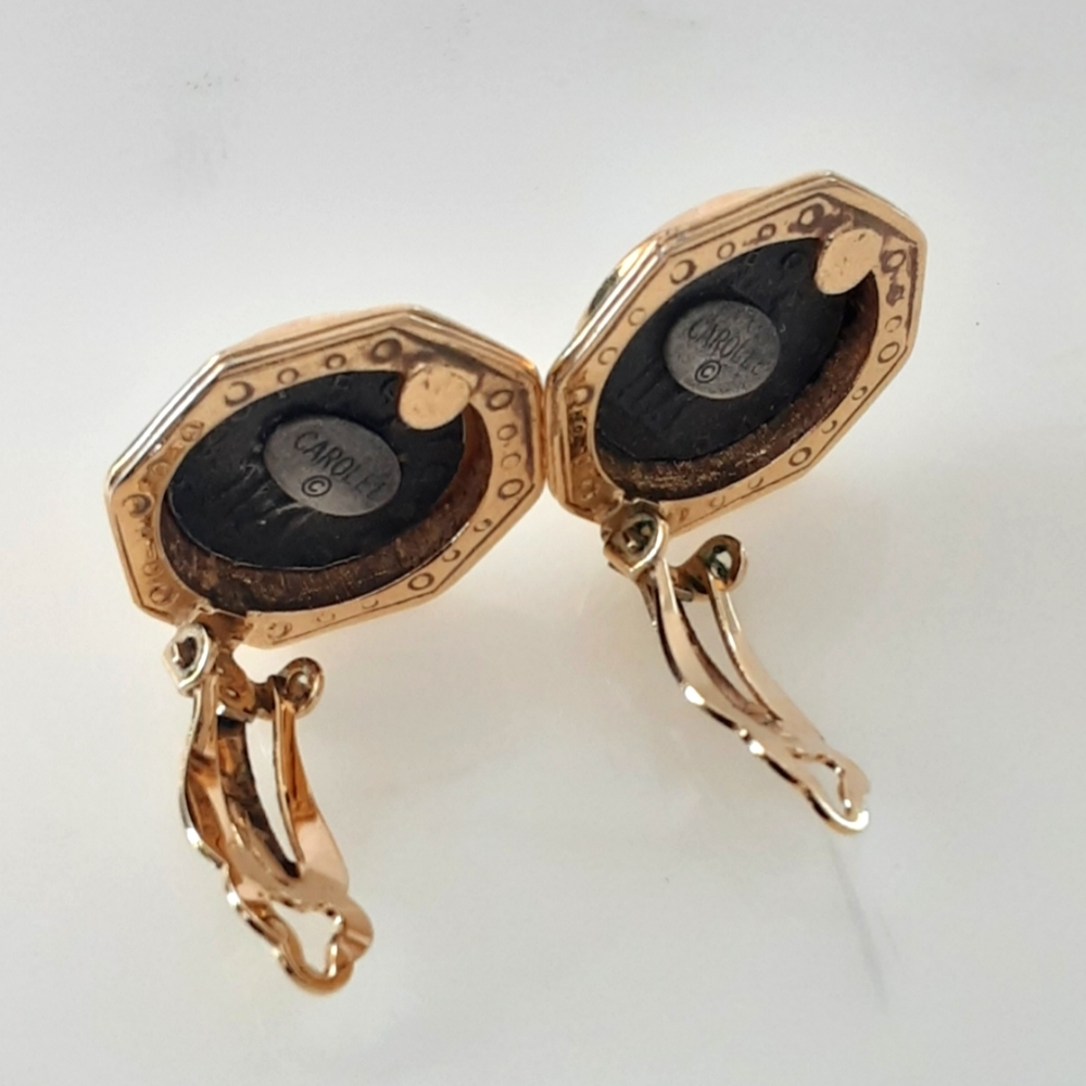 CAROLEE Roman Coin Crystal Octagon Gold Plate Couture Clip On Earrings - Vtg - Picture 6 of 8